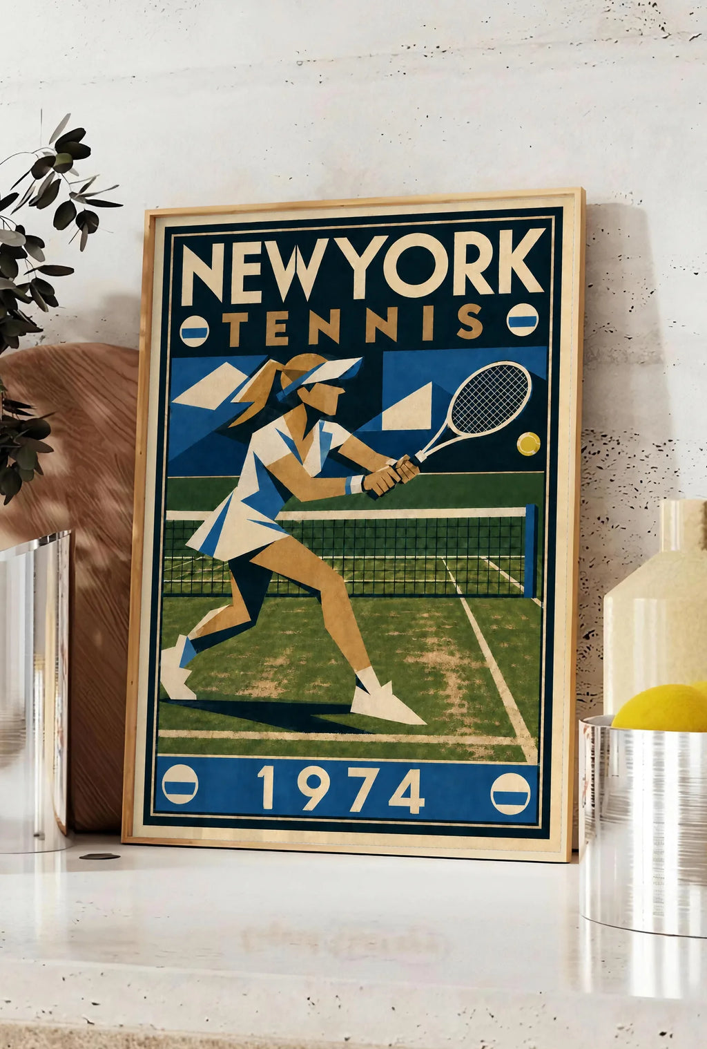 Affiche New York Tennis New York Tennis 1974 Femme gazon volée, affiche Art déco de tennis new-yorkaise