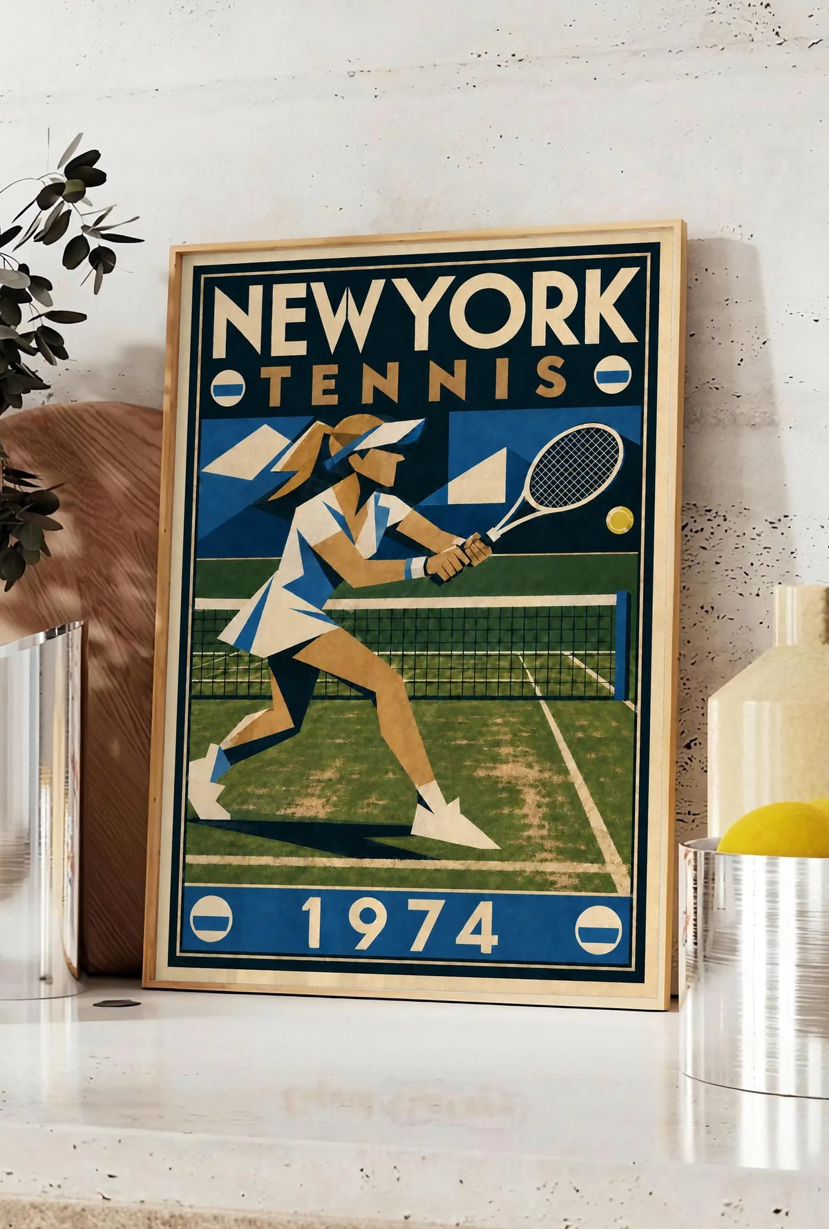 Affiche New York Tennis New York Tennis 1974 Femme gazon volée, affiche Art déco de tennis new-yorkaise
