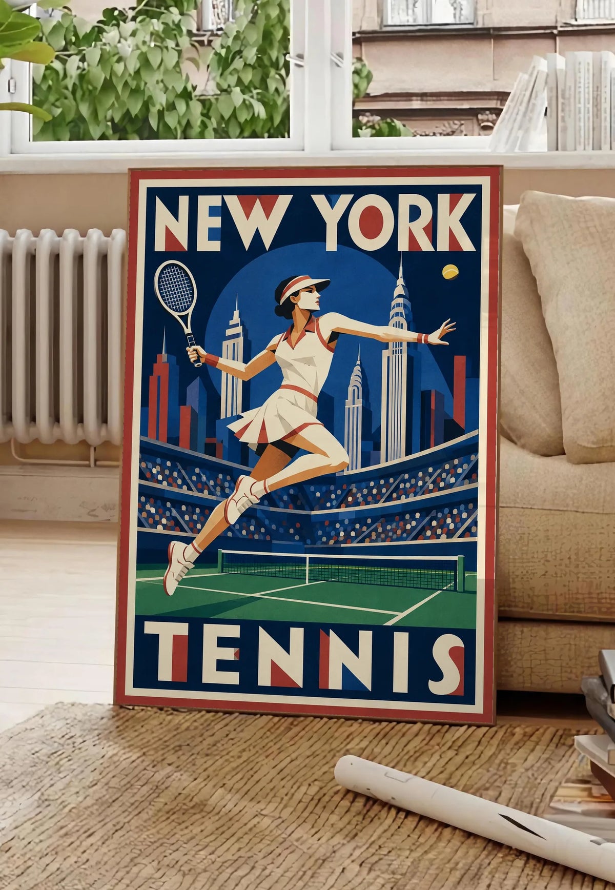 Affiche New York Tennis Tennis Female action offensive, affiche Art déco de tennis new-yorkaise