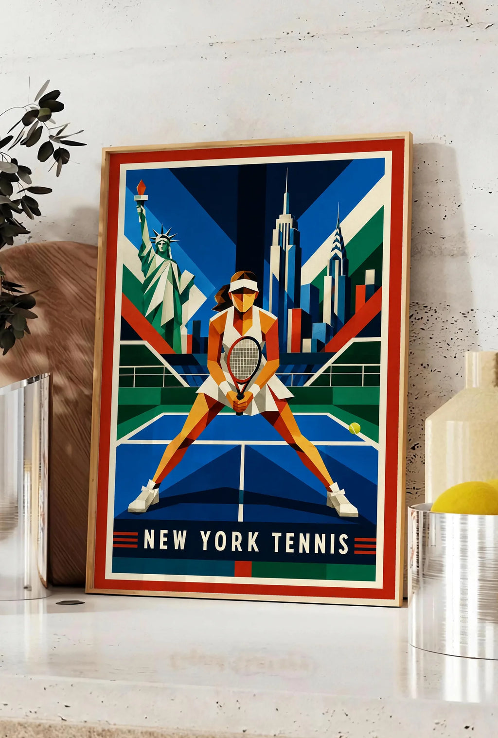 Affiche New York Tennis Geometric Femme Split Step prêt, affiche Art déco de tennis new-yorkaise