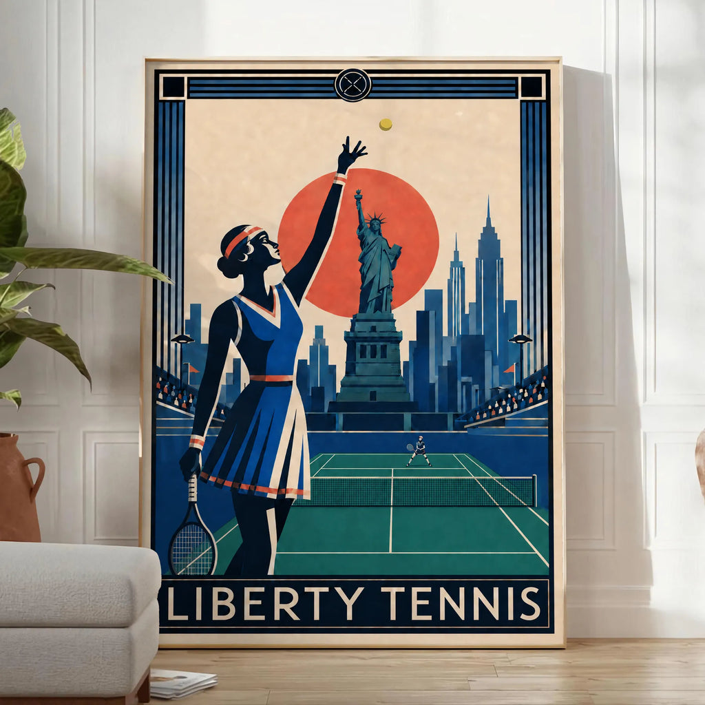 Affiche New York Tennis Liberty Tennis Femme service, affiche Art déco de tennis new-yorkaise