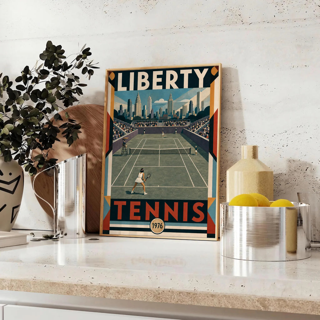 Affiche New York Tennis Liberty Tennis 1976 Femme Har-Tru Court View, affiche Art déco de tennis new-yorkaise
