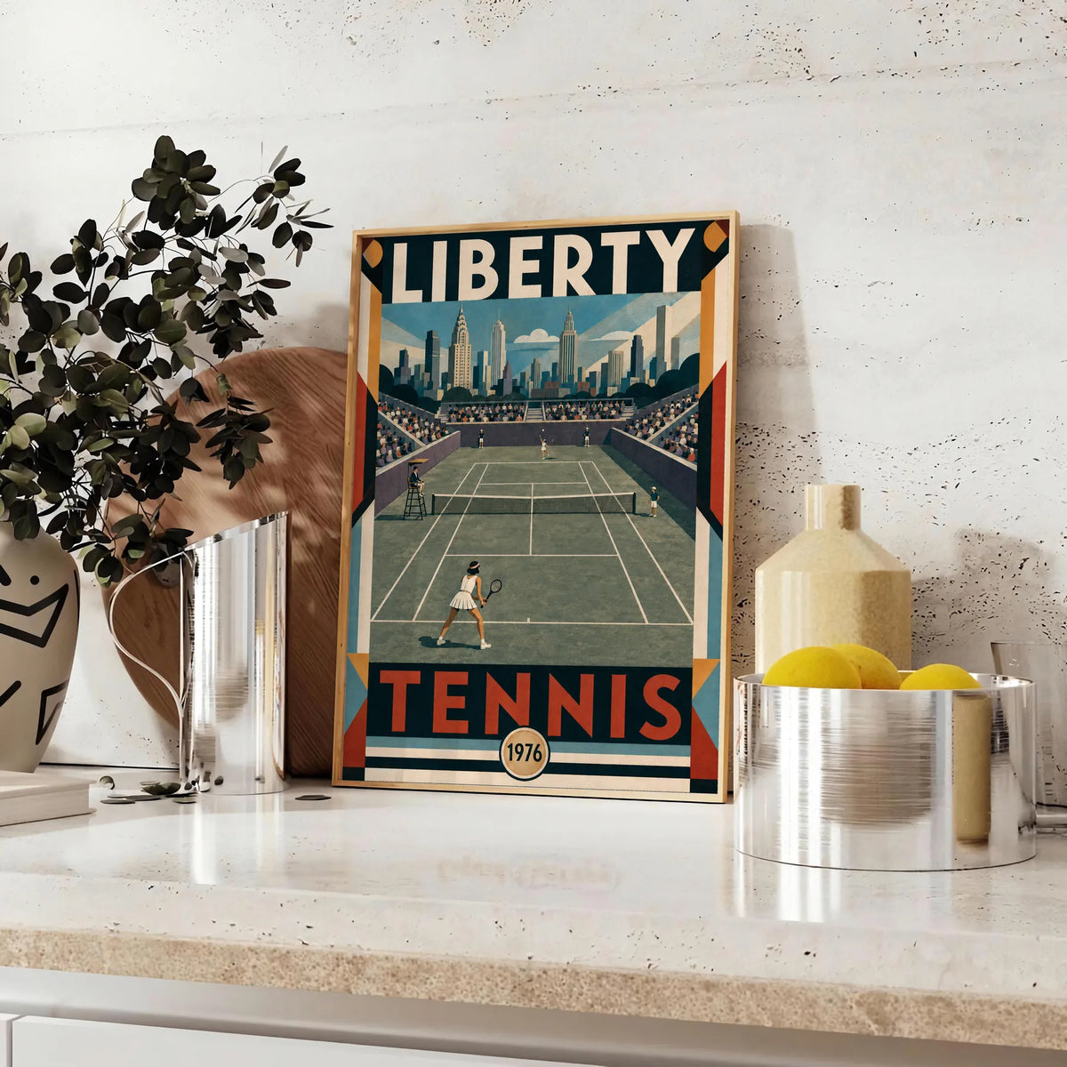 Affiche New York Tennis Liberty Tennis 1976 Femme Har-Tru Court View, affiche Art déco de tennis new-yorkaise