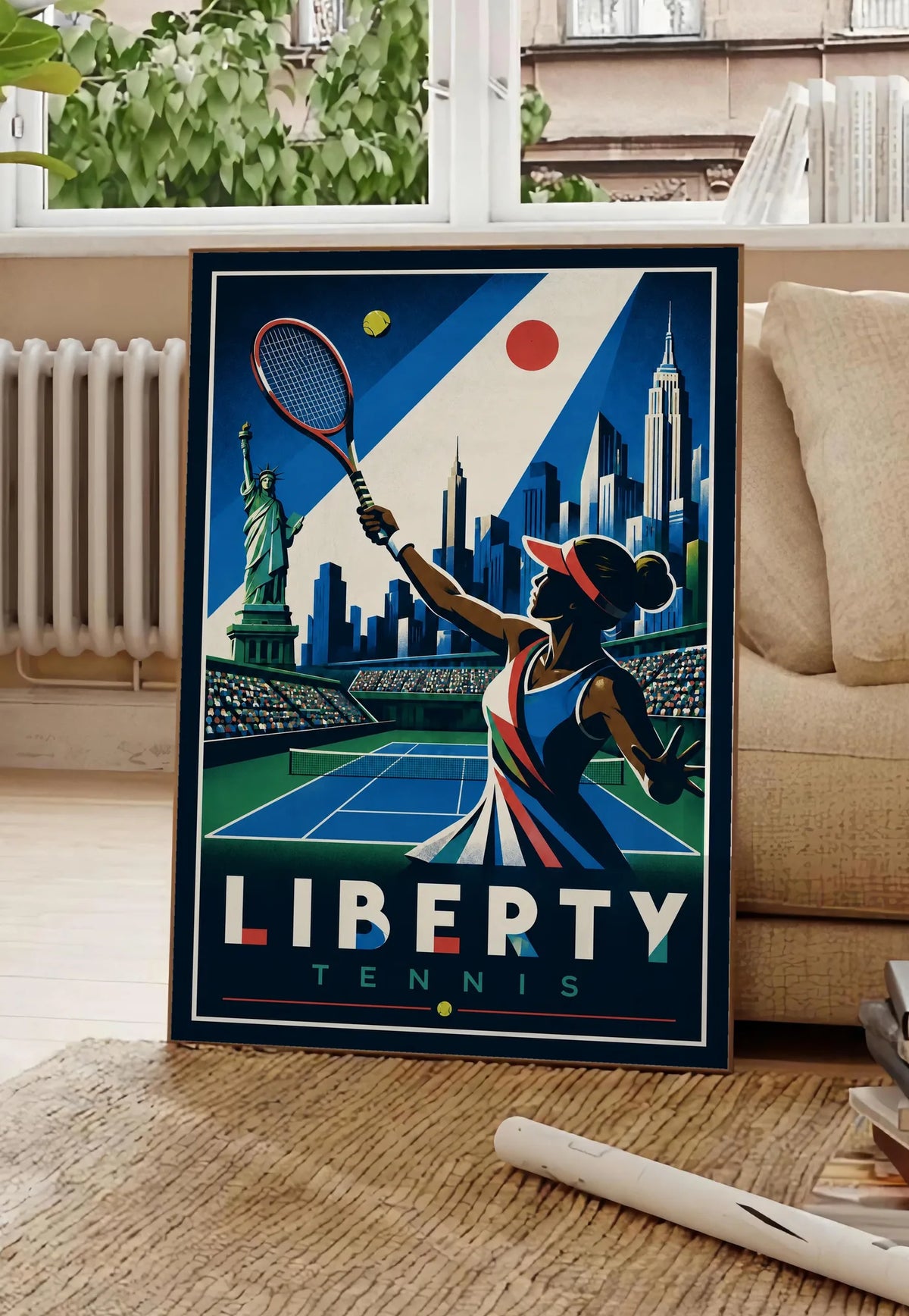 Affiche New York Tennis New York Tennis Femme volée haute, affiche Art déco de tennis new-yorkaise