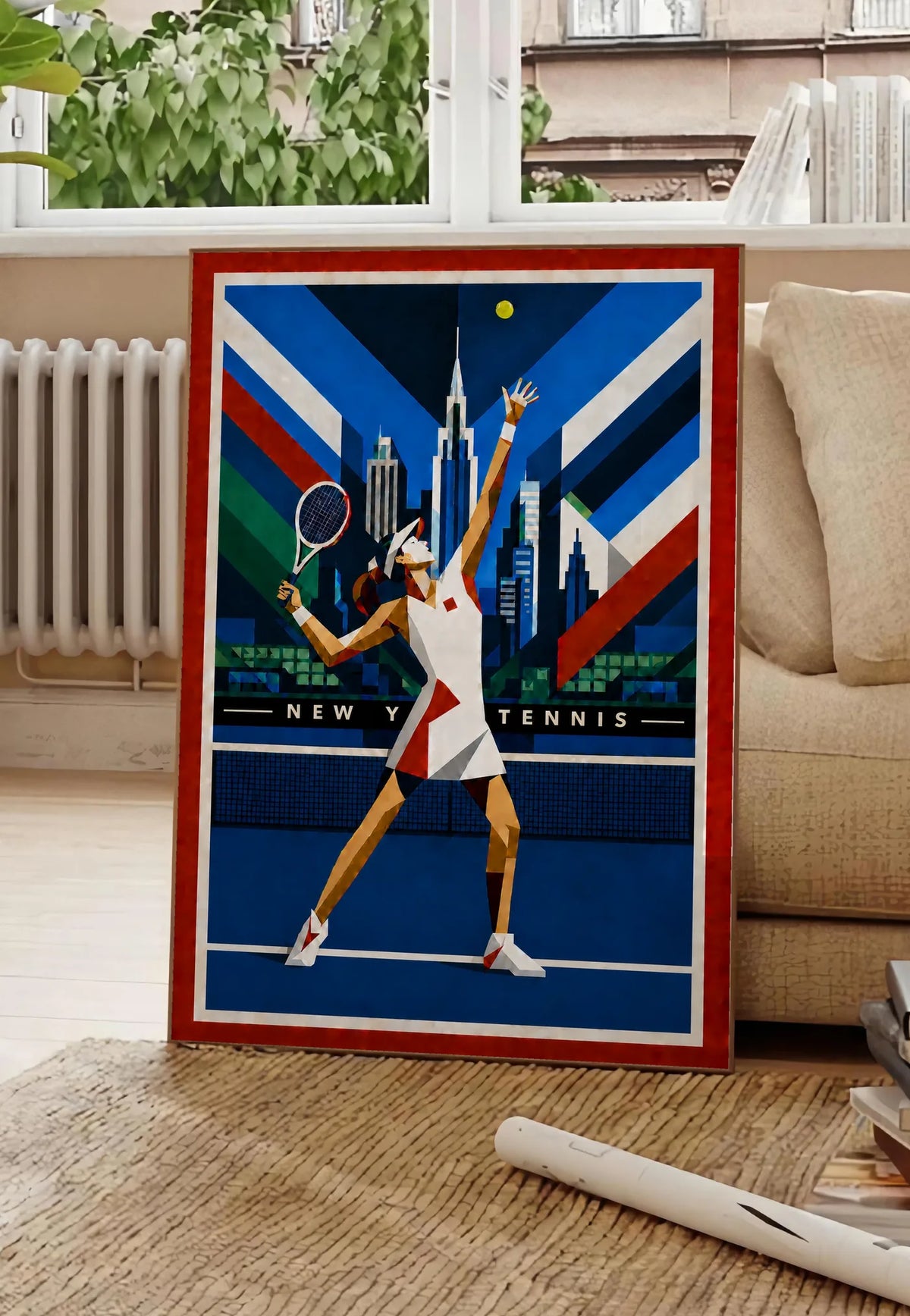 Affiche New York Tennis Geometric Femme service vers le trophée, affiche Art déco de tennis new-yorkaise