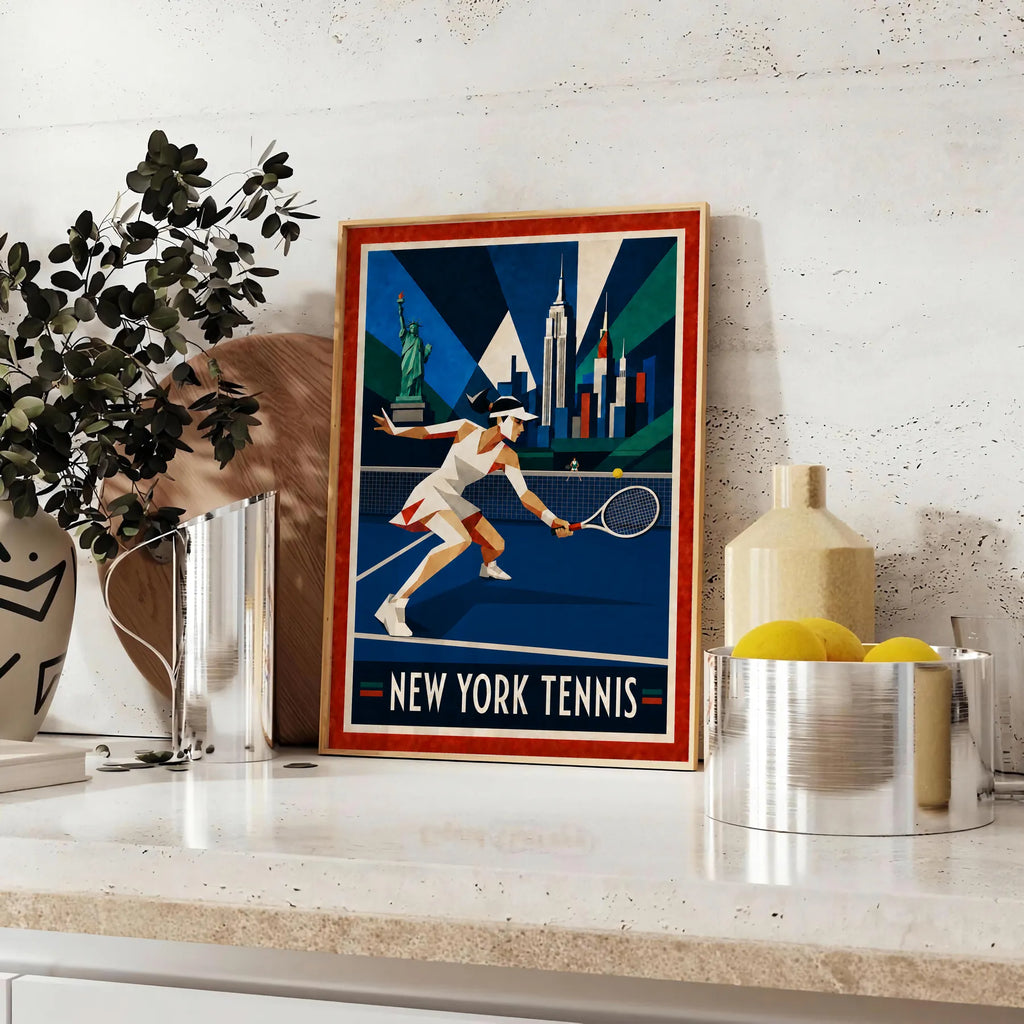 Affiche New York Tennis Geometric Femme Low demi-volée, affiche Art déco de tennis new-yorkaise