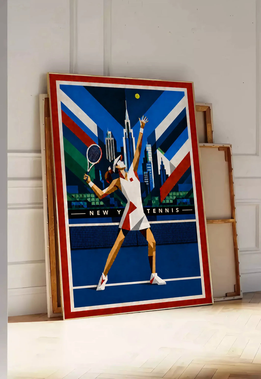 Affiche New York Tennis Geometric Femme service vers le trophée, affiche Art déco de tennis new-yorkaise
