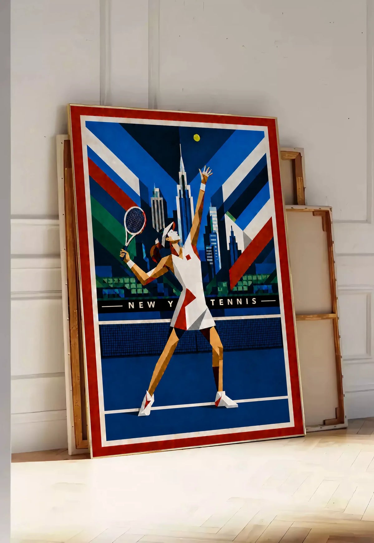 Affiche New York Tennis Geometric Femme service vers le trophée, affiche Art déco de tennis new-yorkaise