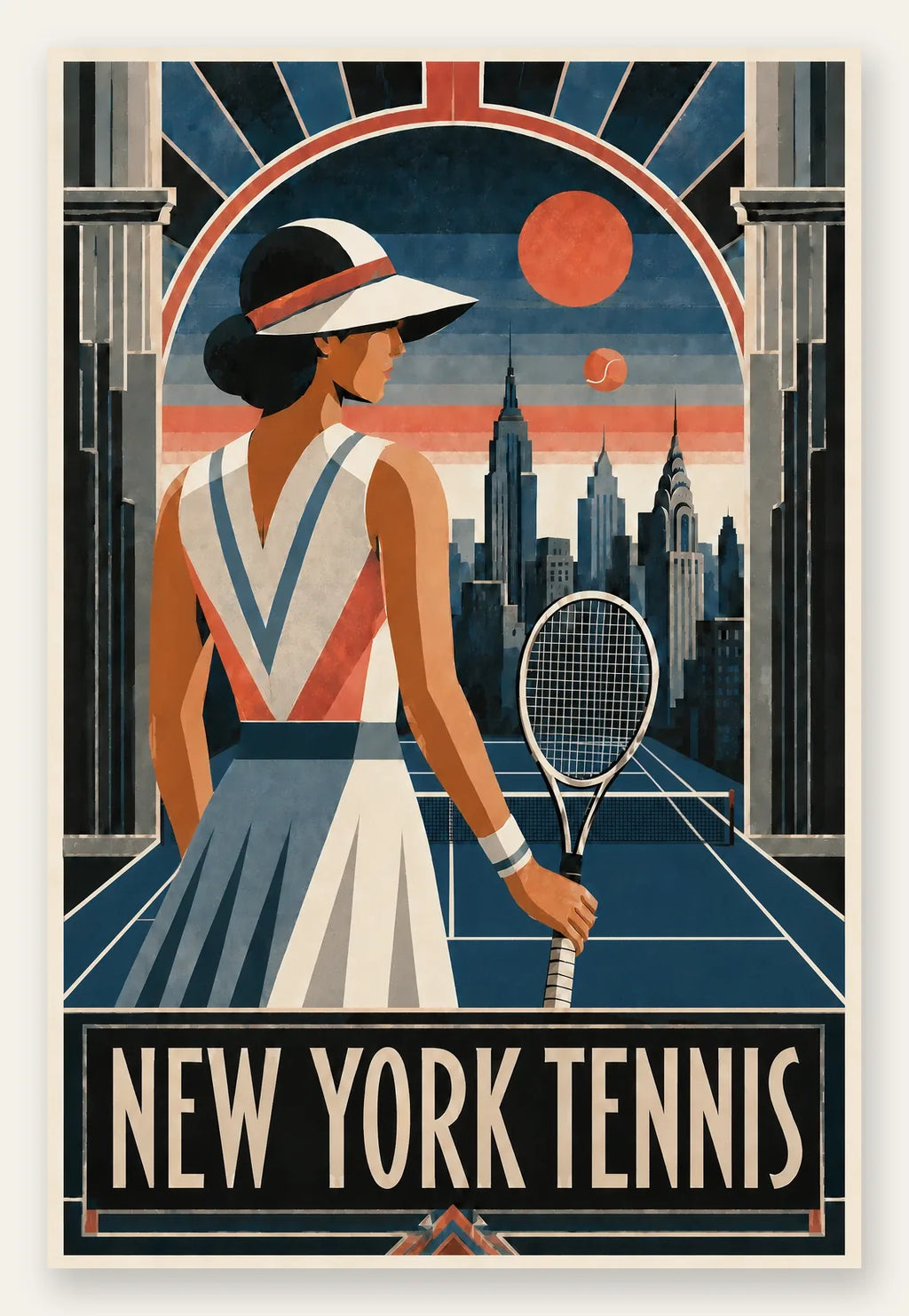 Affiche New York Tennis Femme Art Deco portrait sur court 3, affiche Art déco de tennis new-yorkaise