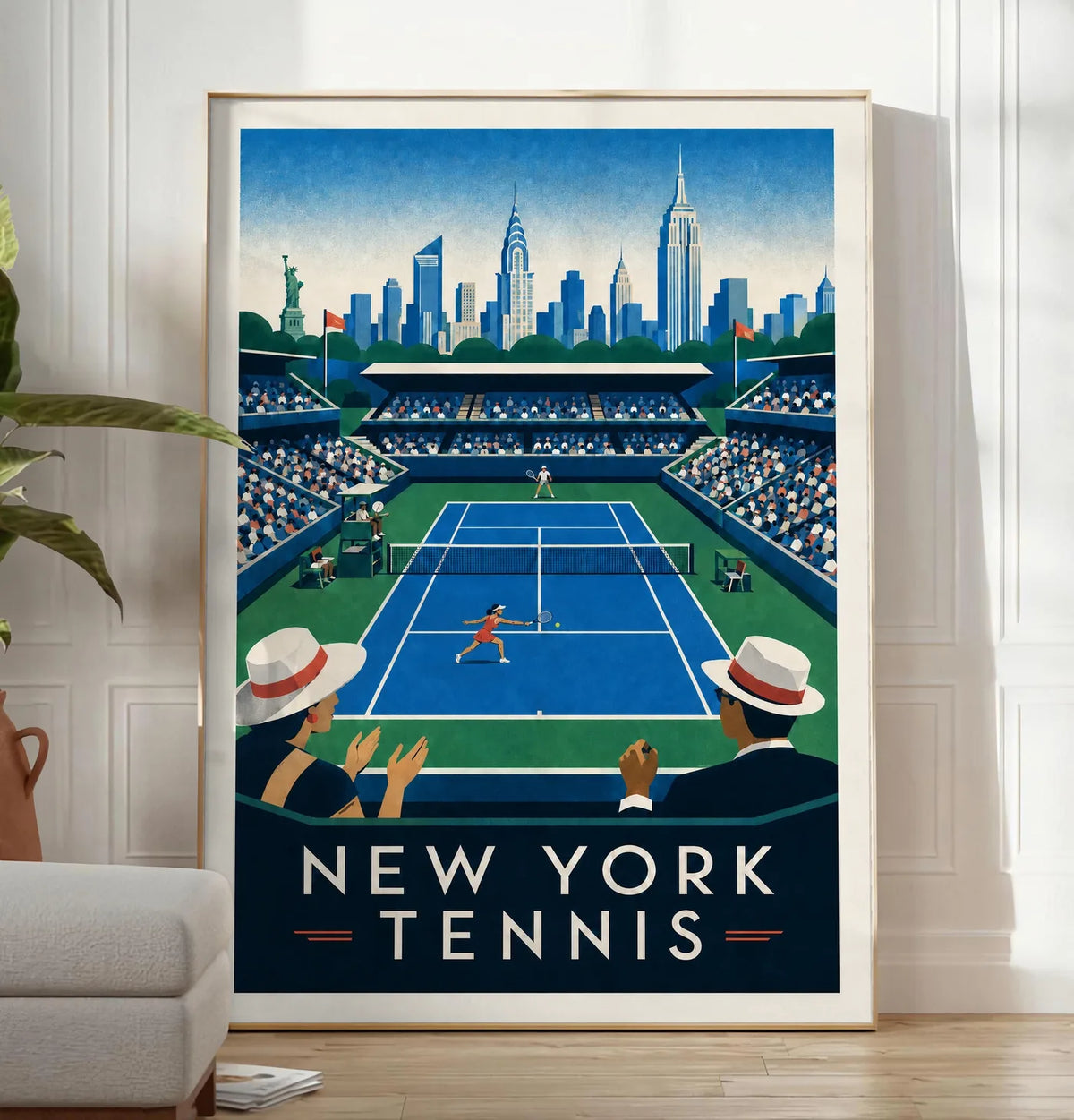 Affiche New York Tennis Stadium Femme Sprint volée, affiche Art déco de tennis new-yorkaise