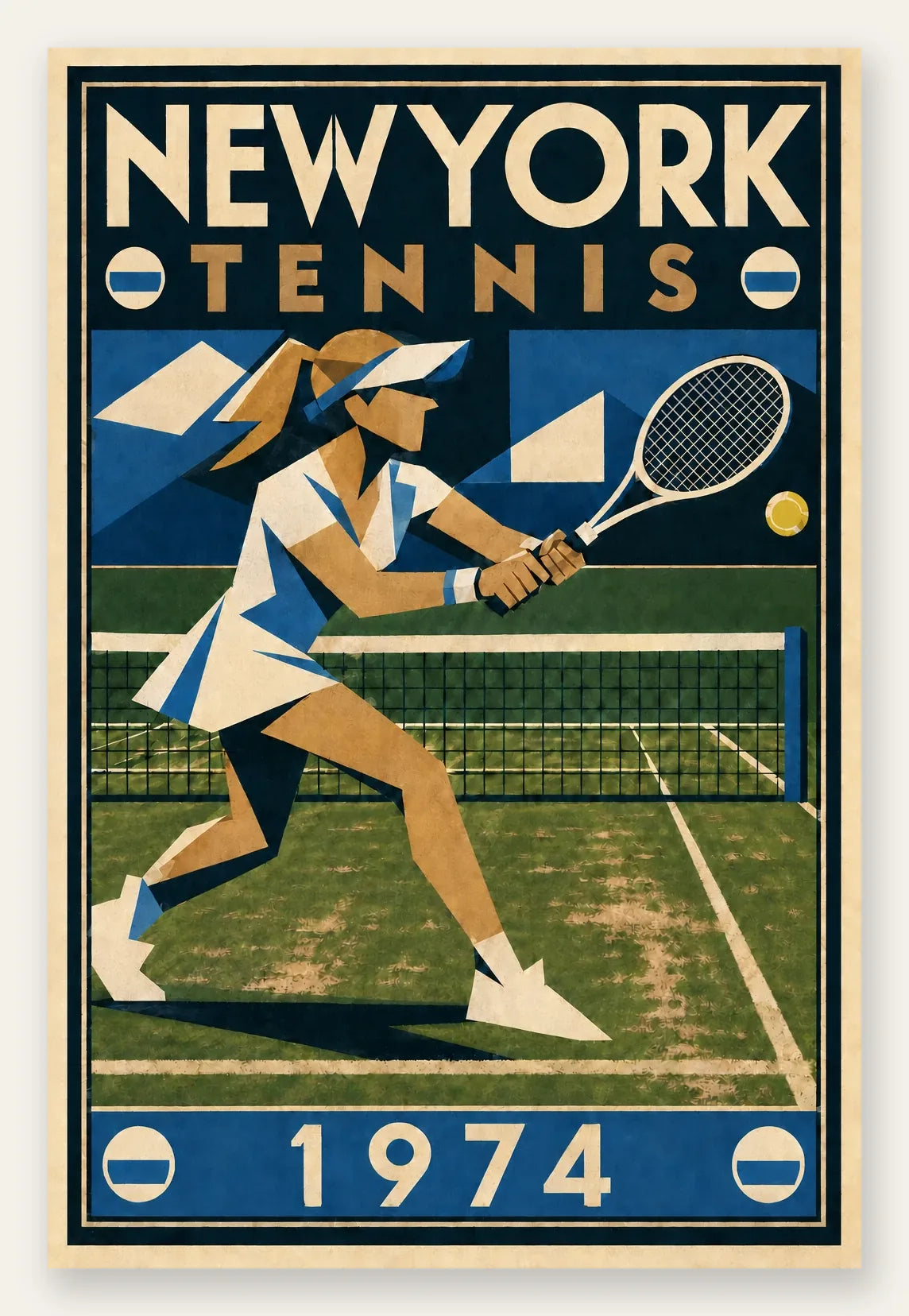 Affiche New York Tennis New York Tennis 1974 Femme gazon volée, affiche Art déco de tennis new-yorkaise