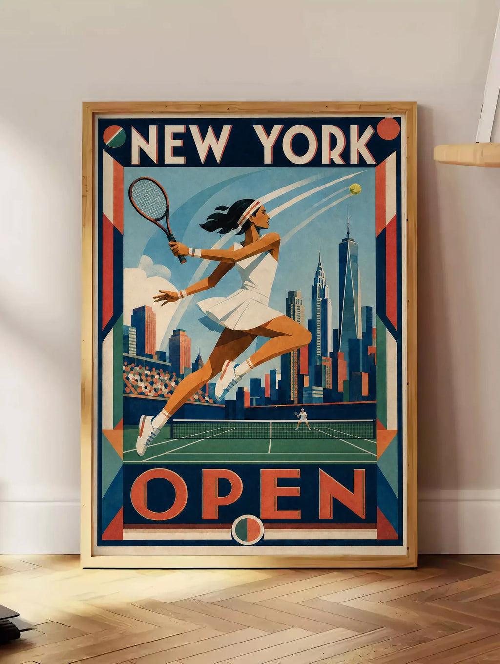 Affiche New York Tennis Open Female Leaping One Hand revers, affiche Art déco de tennis new-yorkaise