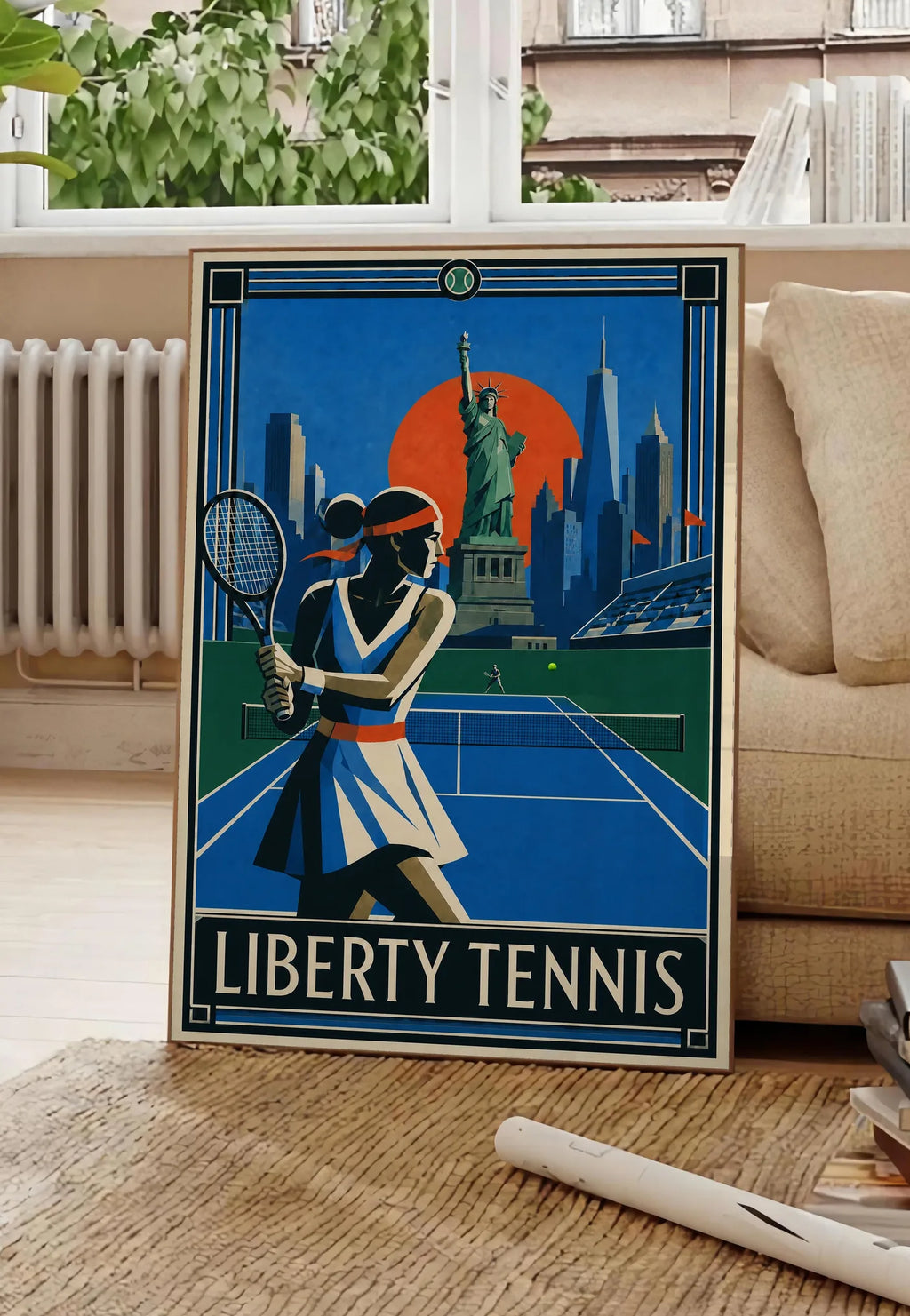 Affiche New York Tennis Liberty Femme revers à deux mains, affiche Art déco de tennis new-yorkaise