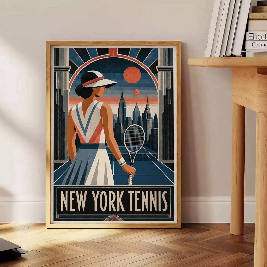 Affiche New York Tennis Femme Art Deco portrait sur court 3, affiche Art déco de tennis new-yorkaise