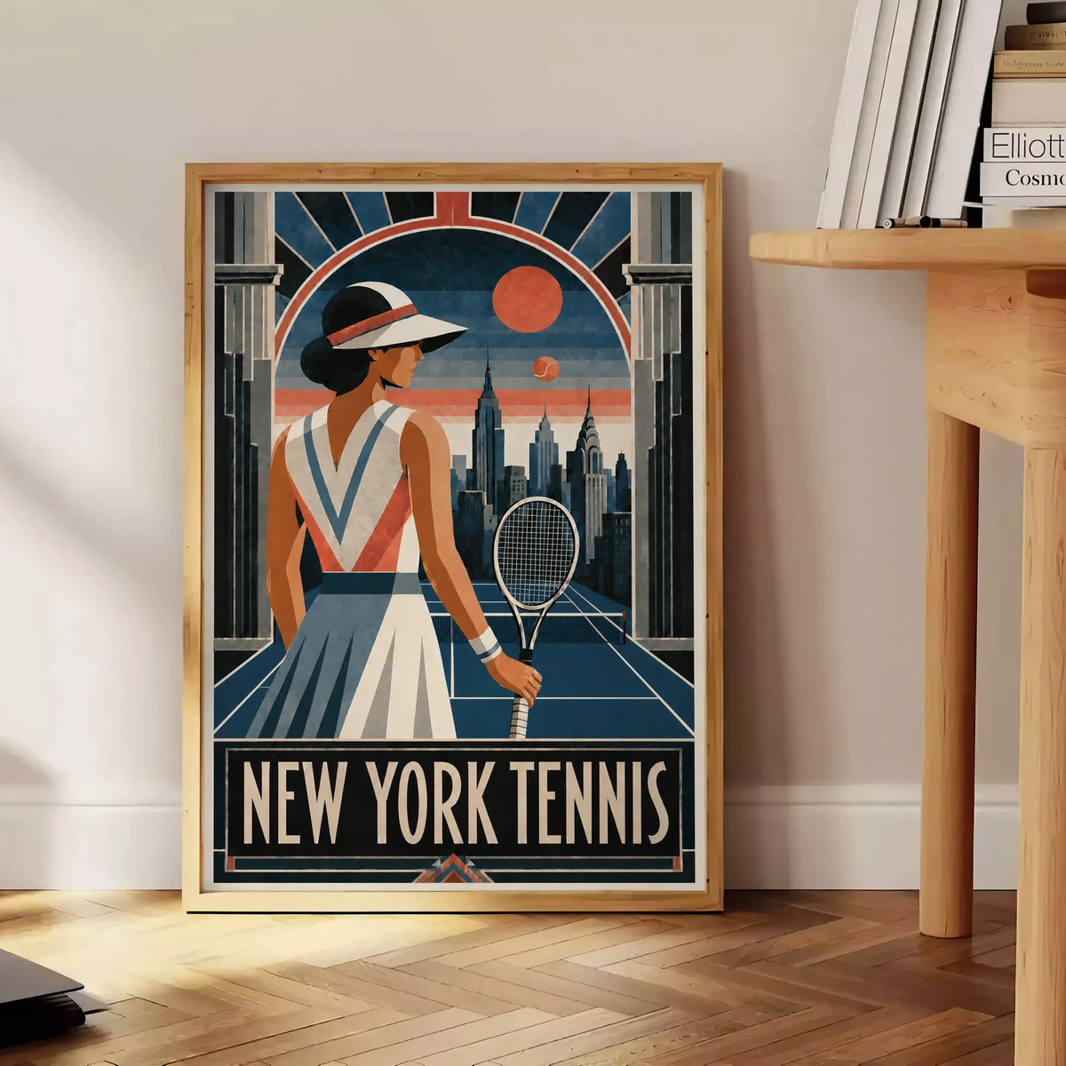 Affiche New York Tennis Femme Art Deco portrait sur court 3, affiche Art déco de tennis new-yorkaise