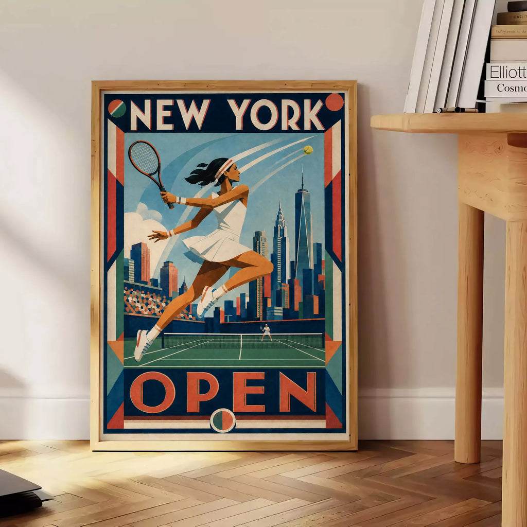 Affiche New York Tennis Open Female Leaping One Hand revers, affiche Art déco de tennis new-yorkaise