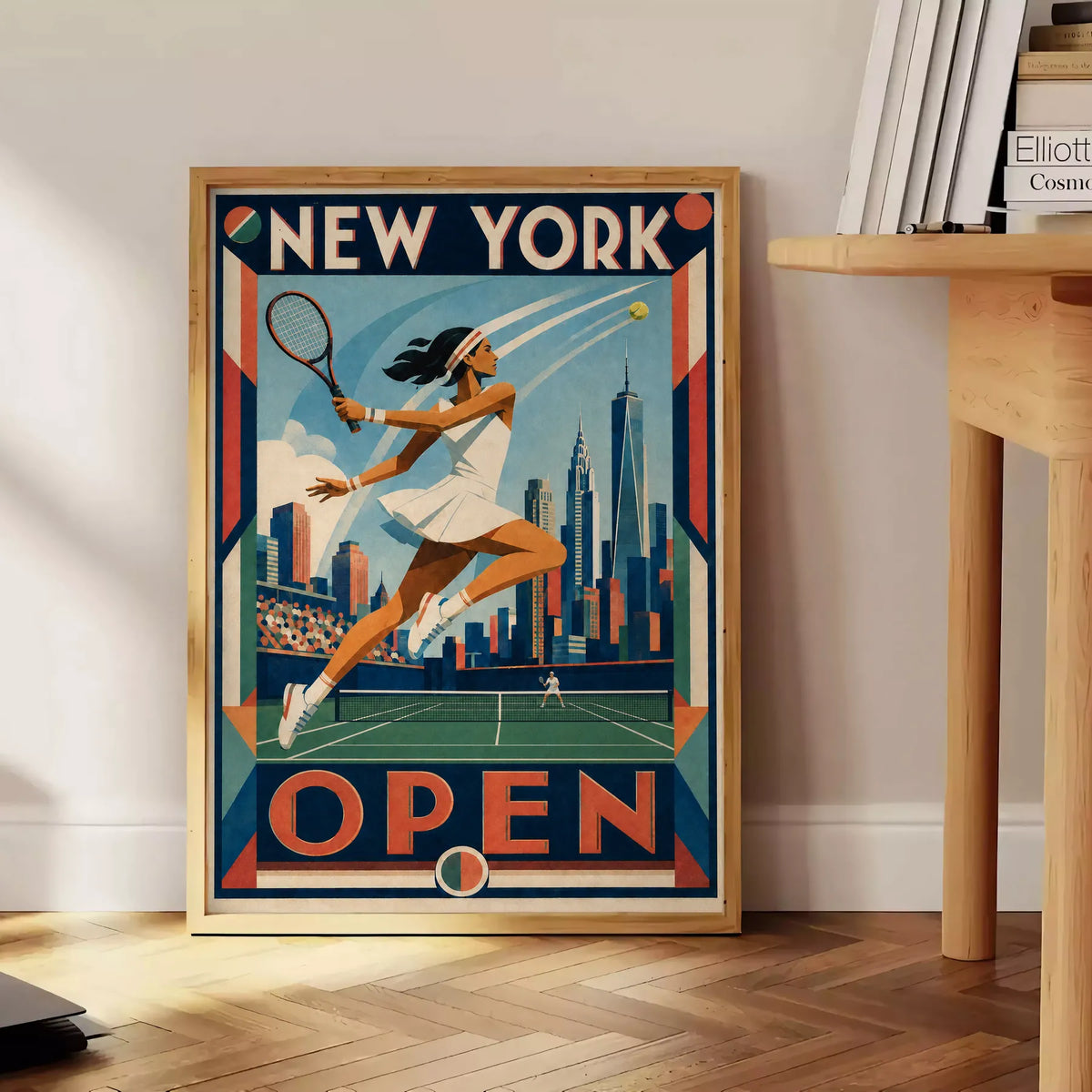Affiche New York Tennis Open Female Leaping One Hand revers, affiche Art déco de tennis new-yorkaise