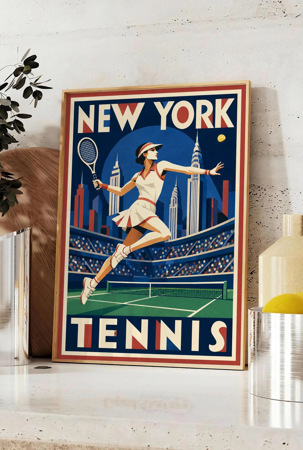 Affiche New York Tennis Tennis Female action offensive, affiche Art déco de tennis new-yorkaise