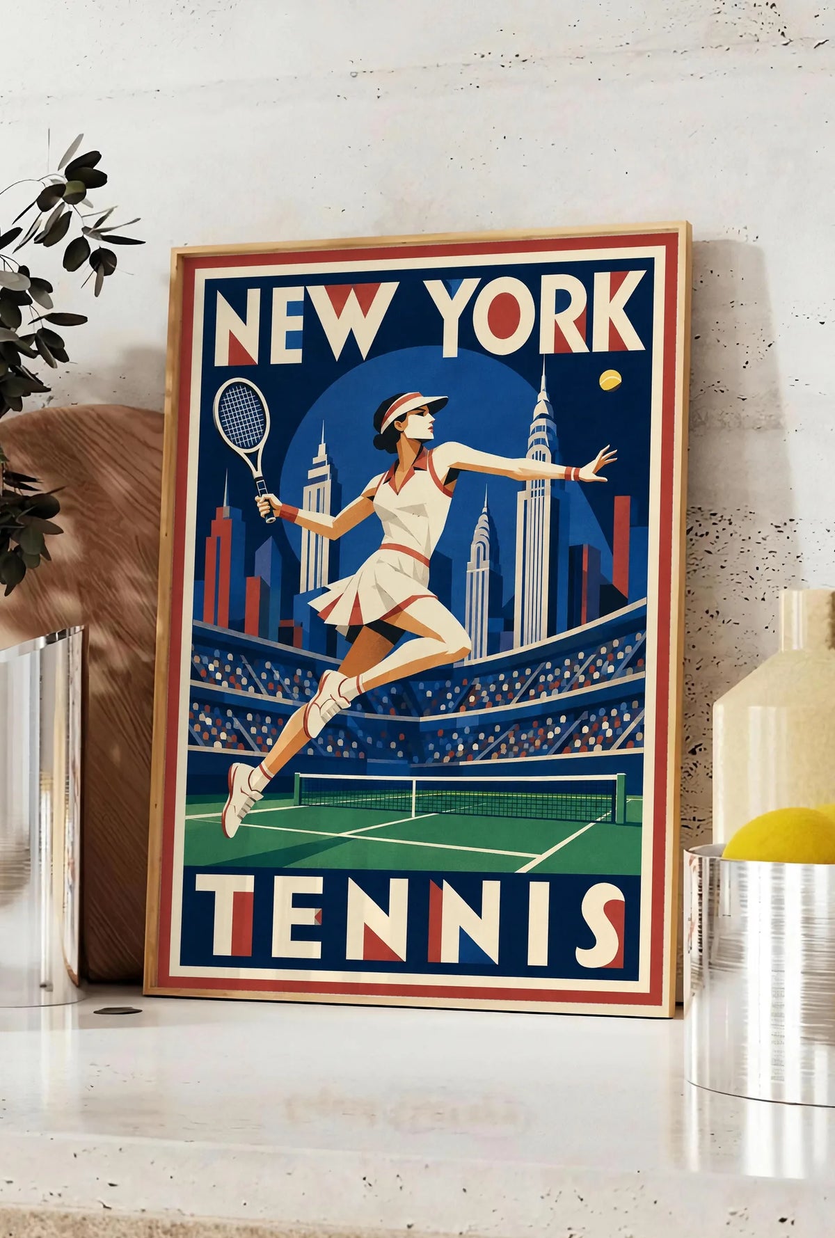 Affiche New York Tennis Tennis Female action offensive, affiche Art déco de tennis new-yorkaise