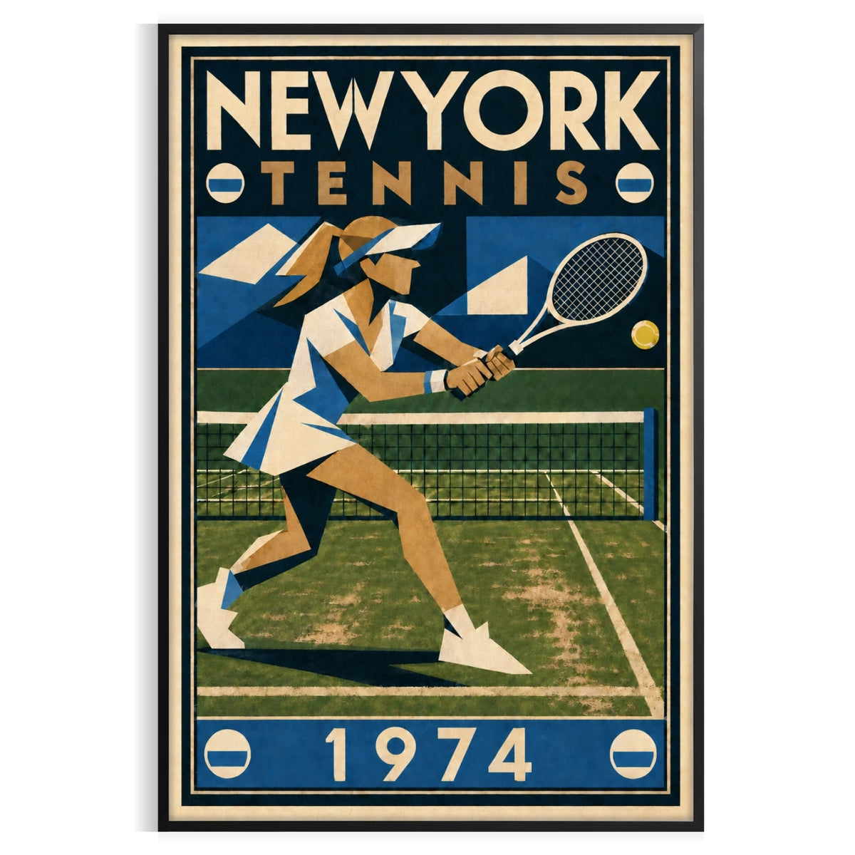 Affiche New York Tennis New York Tennis 1974 Femme gazon volée, affiche Art déco de tennis new-yorkaise