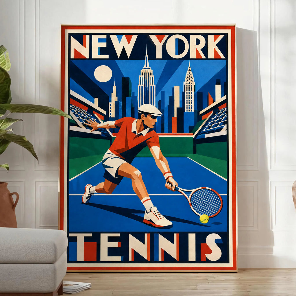 Affiche New York Tennis New York Tennis Homme slice bas, affiche Art déco de tennis new-yorkaise