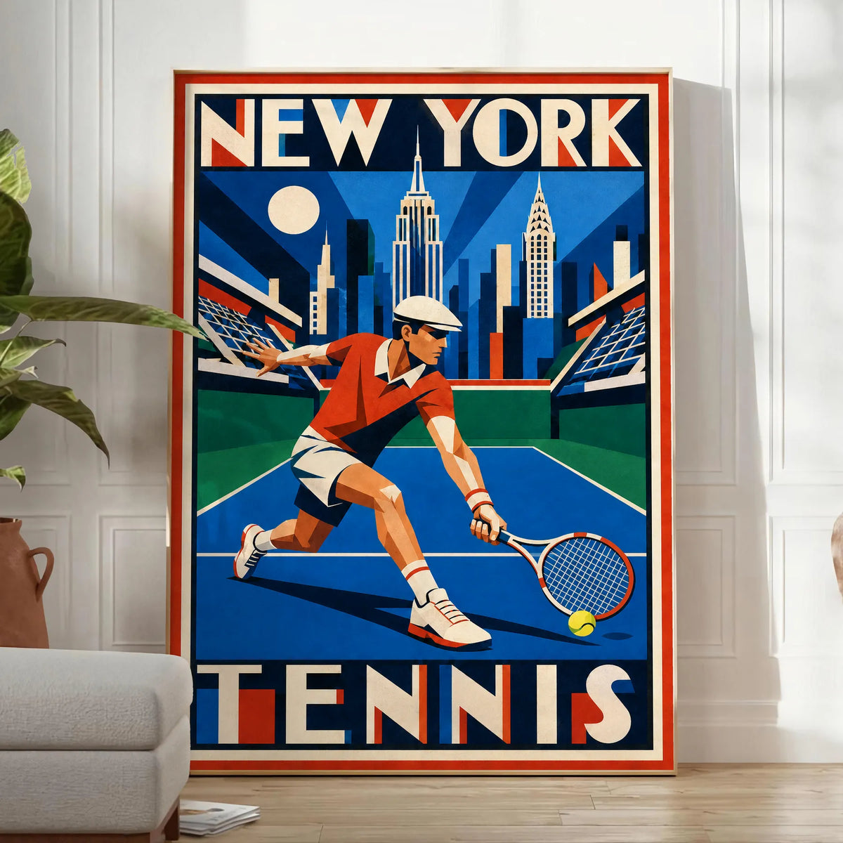 Affiche New York Tennis New York Tennis Homme slice bas, affiche Art déco de tennis new-yorkaise