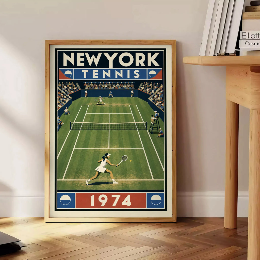 Affiche New York Tennis New York Tennis 1974 Femme gazon volée Court, affiche Art déco de tennis new-yorkaise