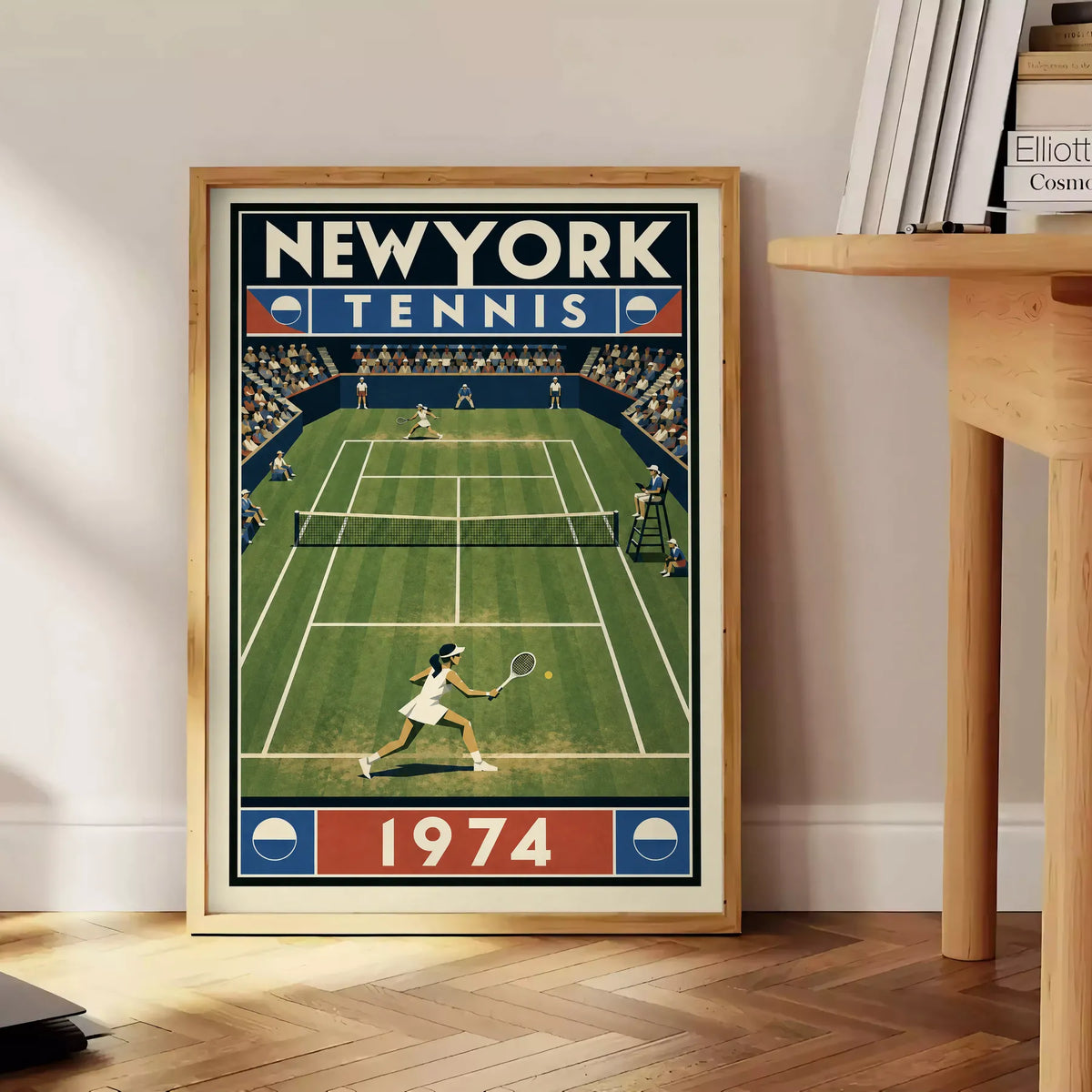 Affiche New York Tennis New York Tennis 1974 Femme gazon volée Court, affiche Art déco de tennis new-yorkaise