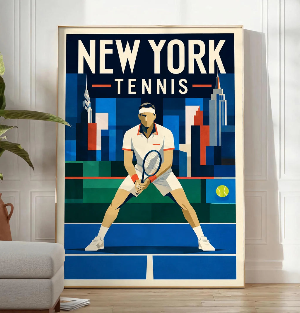 Affiche New York Tennis Ny Male Split Step prêt, affiche Art déco de tennis new-yorkaise