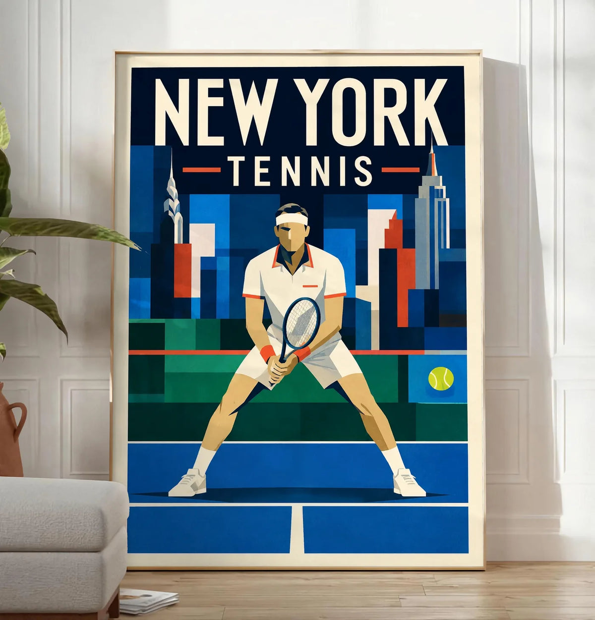 Affiche New York Tennis Ny Male Split Step prêt, affiche Art déco de tennis new-yorkaise