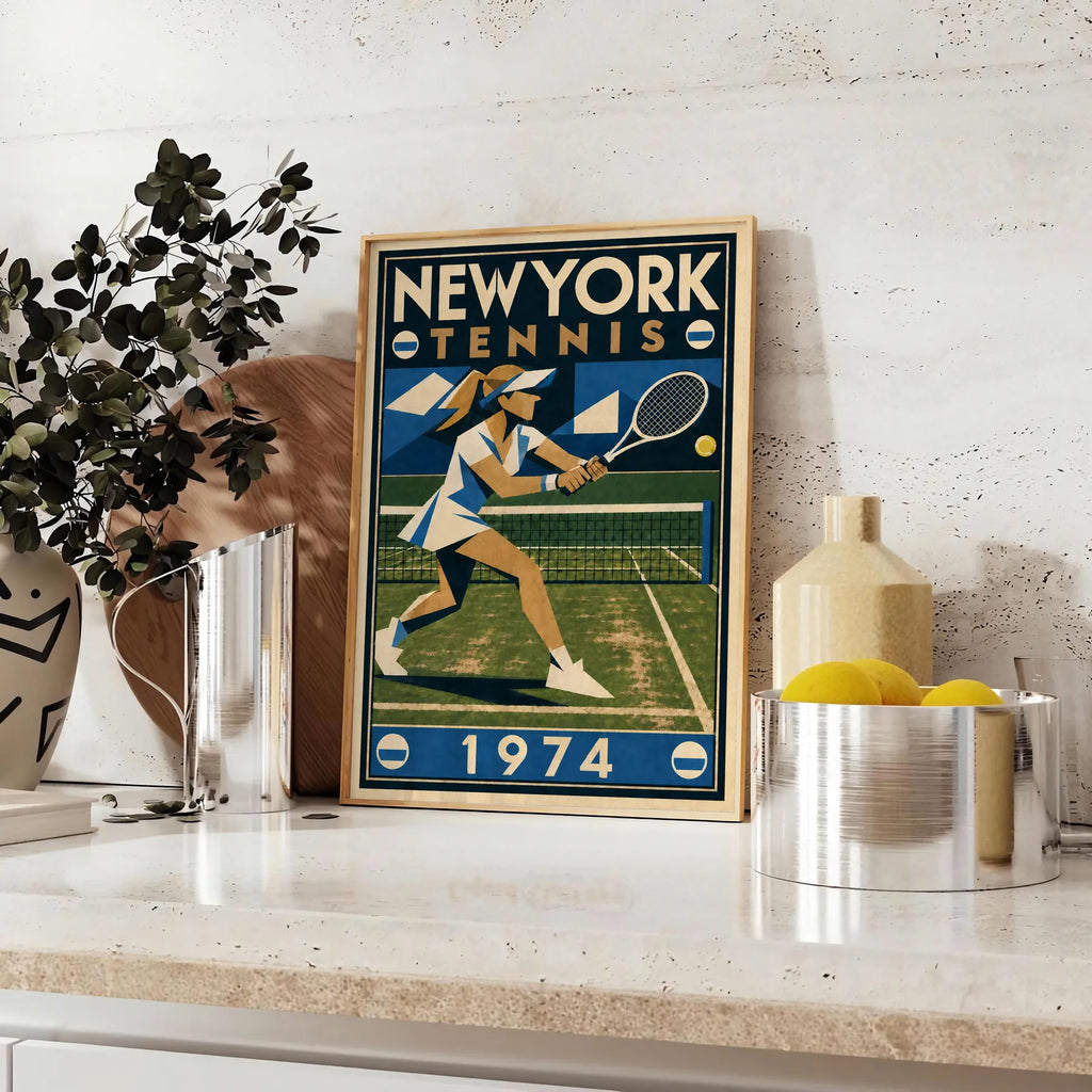 Affiche New York Tennis New York Tennis 1974 Femme gazon volée, affiche Art déco de tennis new-yorkaise