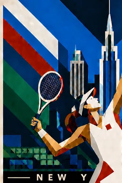 Affiche New York Tennis Geometric Femme service vers le trophée, affiche Art déco de tennis new-yorkaise