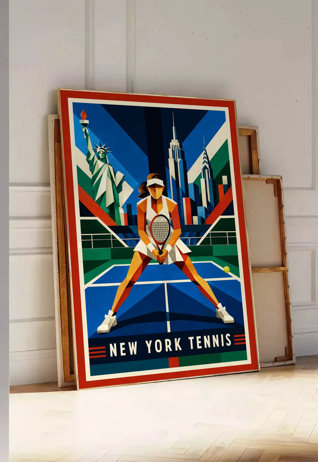 Affiche New York Tennis Geometric Femme Split Step prêt, affiche Art déco de tennis new-yorkaise