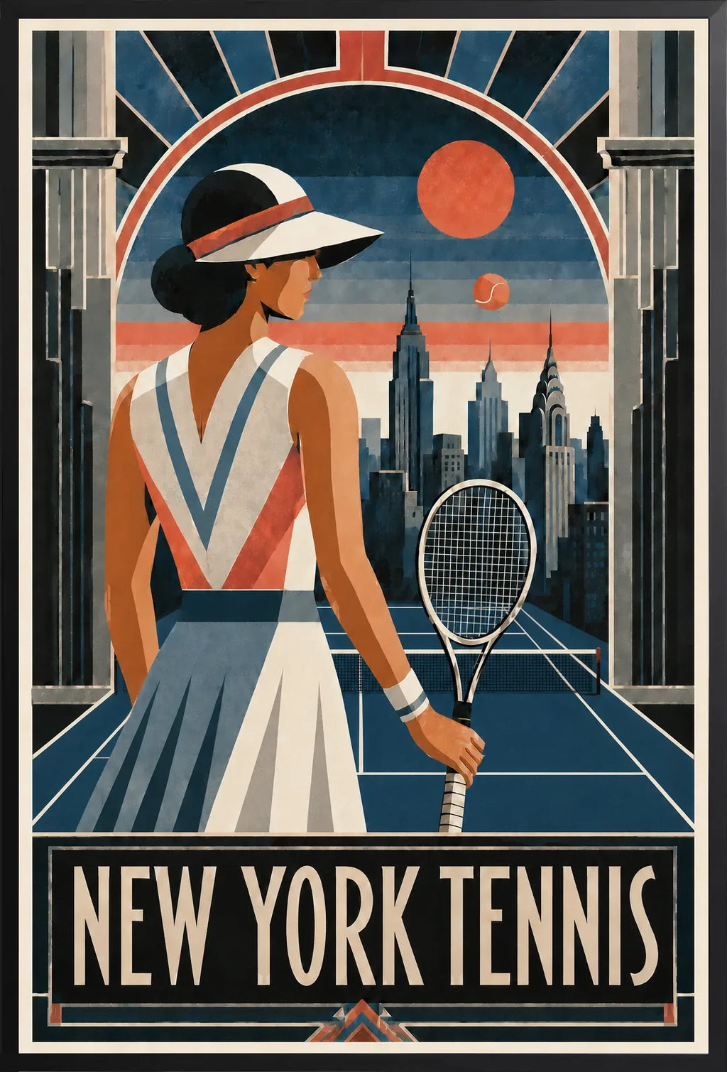 Affiche New York Tennis Femme Art Deco portrait sur court 3, affiche Art déco de tennis new-yorkaise