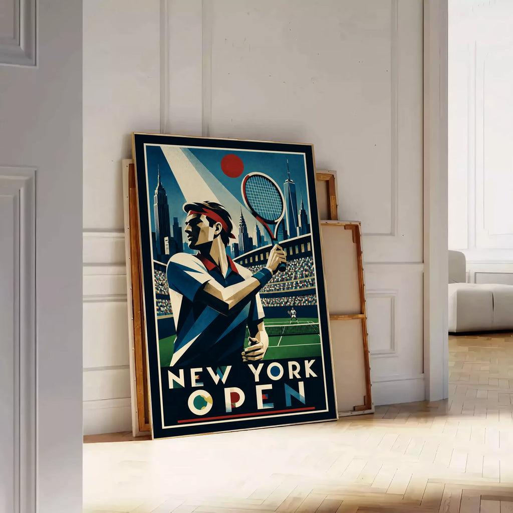 Affiche New York Tennis Open Male High Forehand Finish, affiche Art déco de tennis new-yorkaise