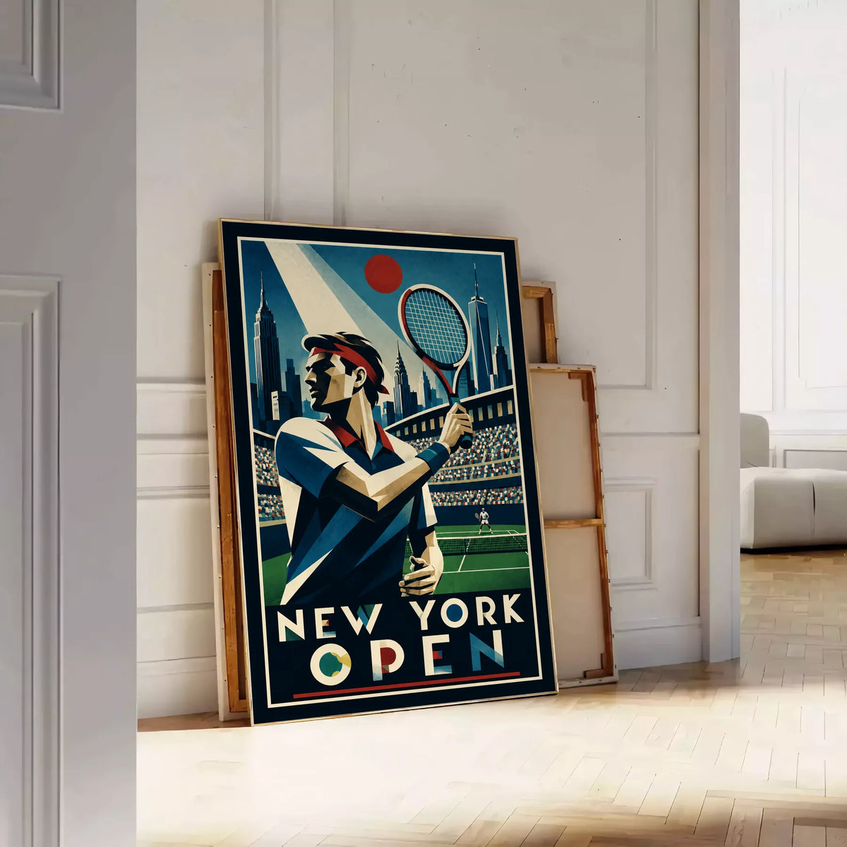 Affiche New York Tennis Open Male High Forehand Finish, affiche Art déco de tennis new-yorkaise