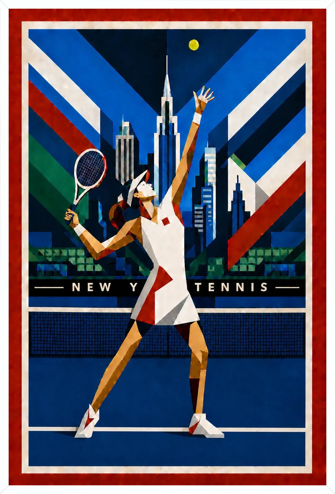 Affiche New York Tennis Geometric Femme service vers le trophée, affiche Art déco de tennis new-yorkaise