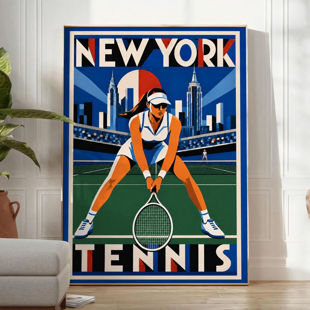Affiche New York Tennis New York Tennis Femme Crouched revers, affiche Art déco de tennis new-yorkaise