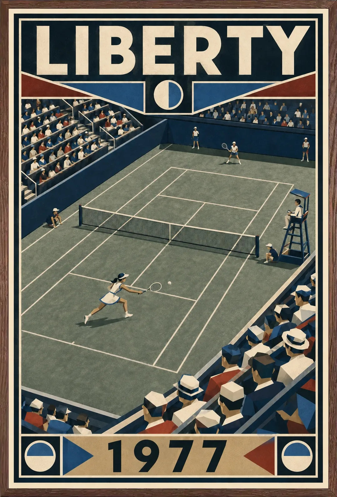 Affiche New York Tennis Liberty Tennis 1977 Femme Har-Tru dernière année, affiche Art déco de tennis new-yorkaise