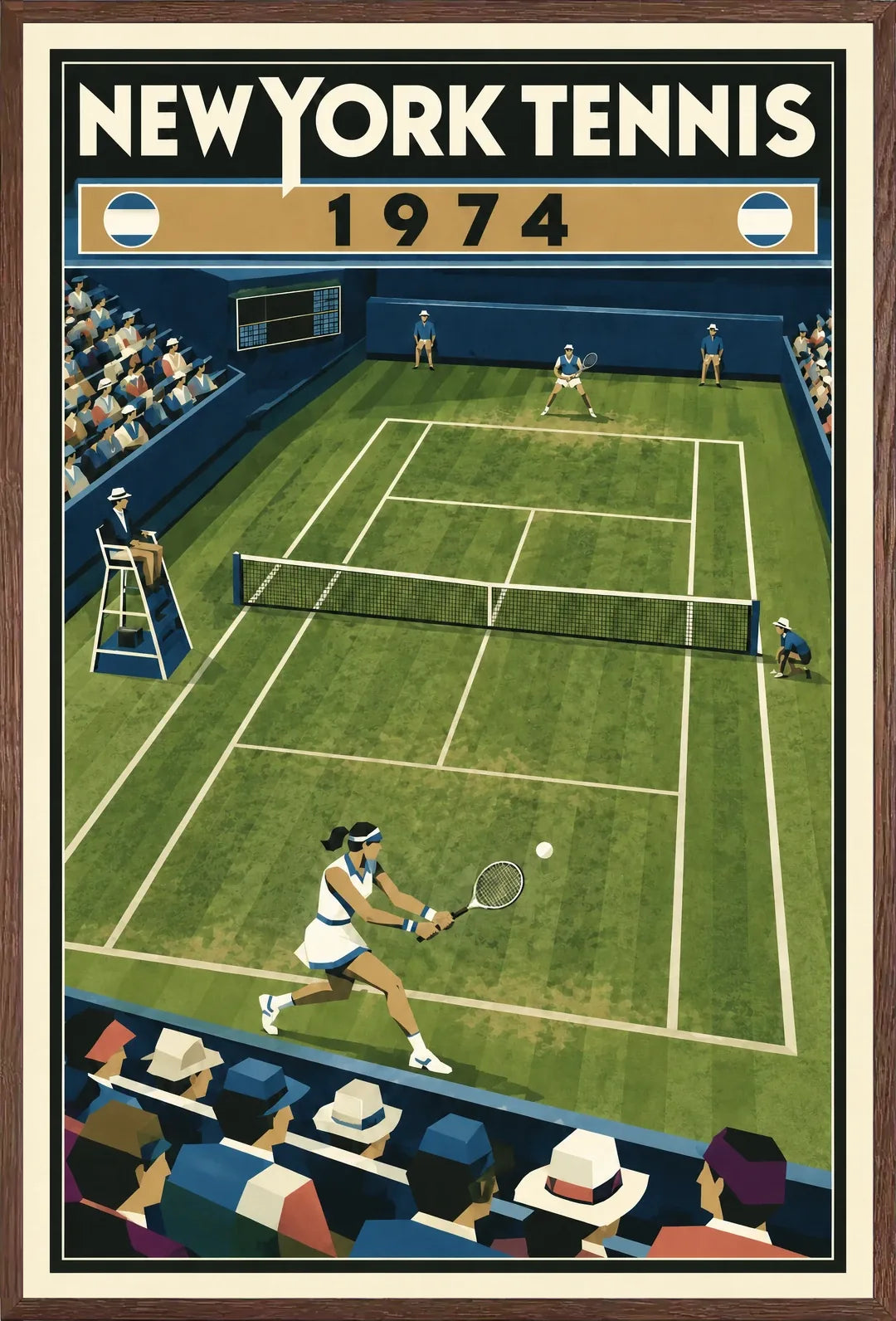 Affiche New York Tennis New York Tennis 1974 gazon revers croisé, affiche Art déco de tennis new-yorkaise