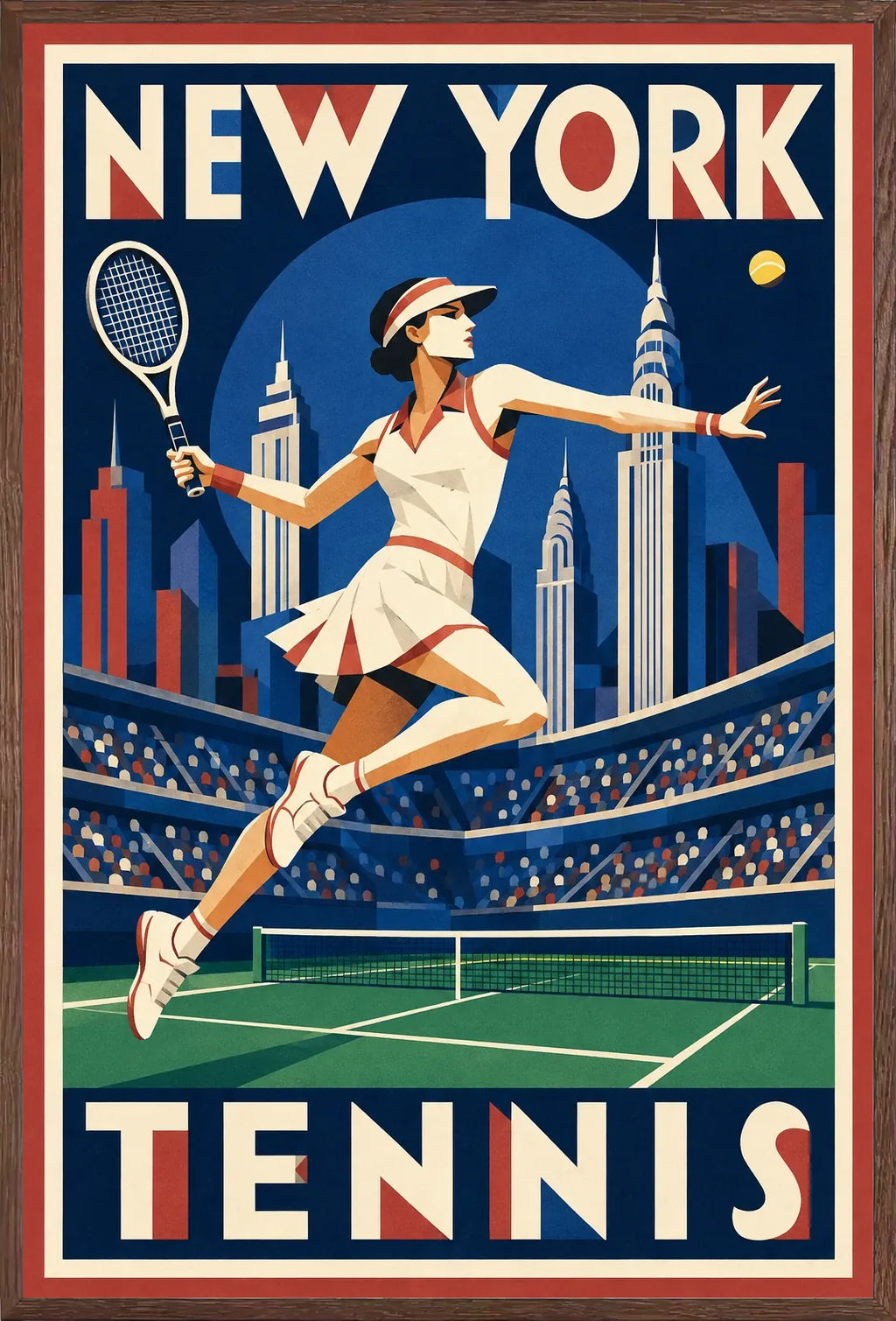 Affiche New York Tennis Tennis Female action offensive, affiche Art déco de tennis new-yorkaise