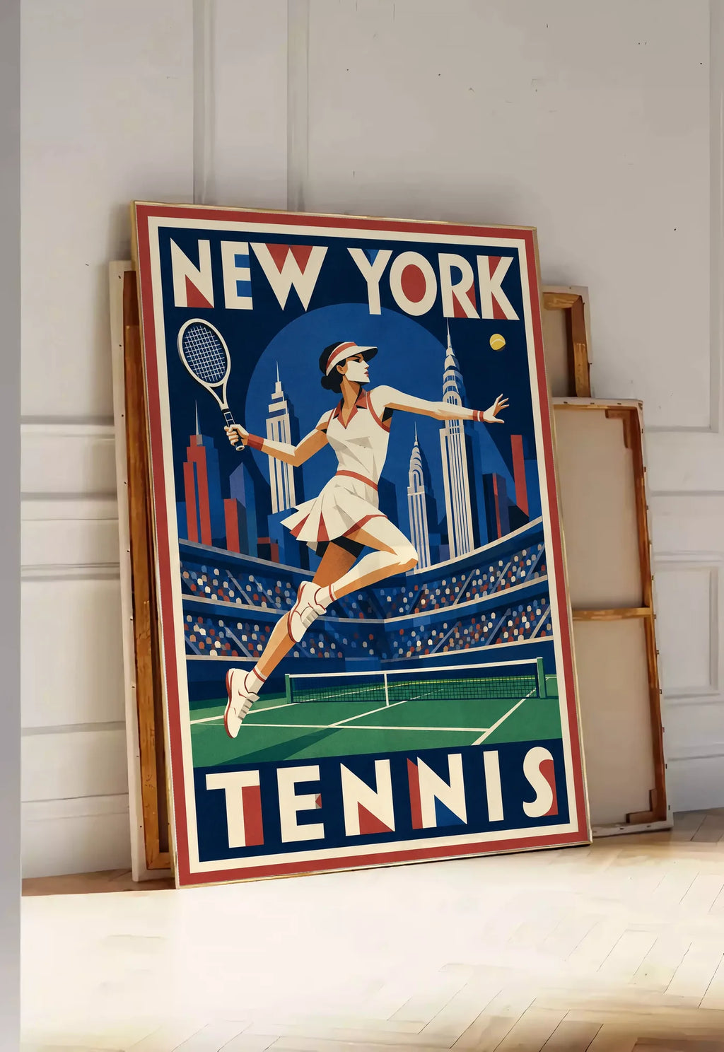 Affiche New York Tennis Tennis Female action offensive, affiche Art déco de tennis new-yorkaise