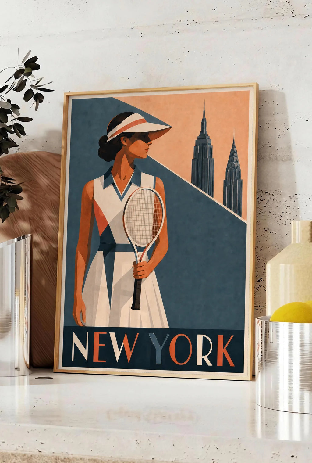 Affiche New York Tennis Femme Coral profil, affiche Art déco de tennis new-yorkaise