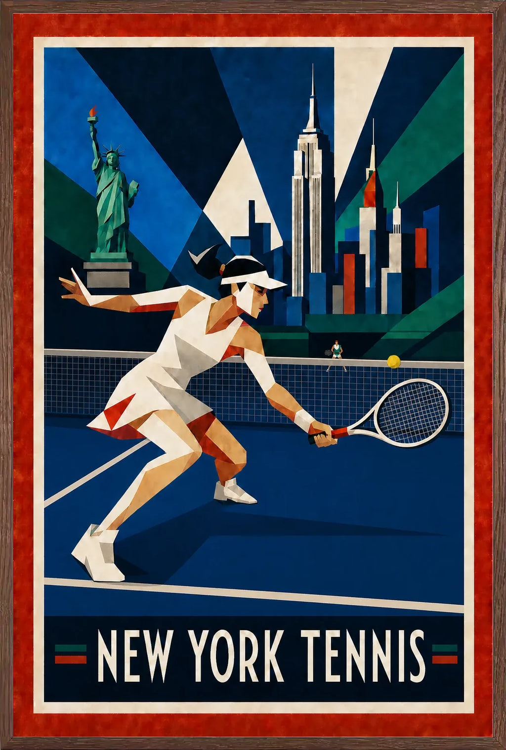 Affiche New York Tennis Geometric Femme Low demi-volée, affiche Art déco de tennis new-yorkaise