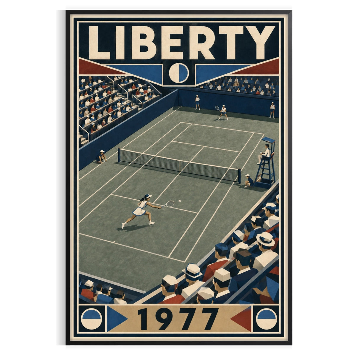 Affiche New York Tennis Liberty Tennis 1977 Femme Har-Tru dernière année, affiche Art déco de tennis new-yorkaise