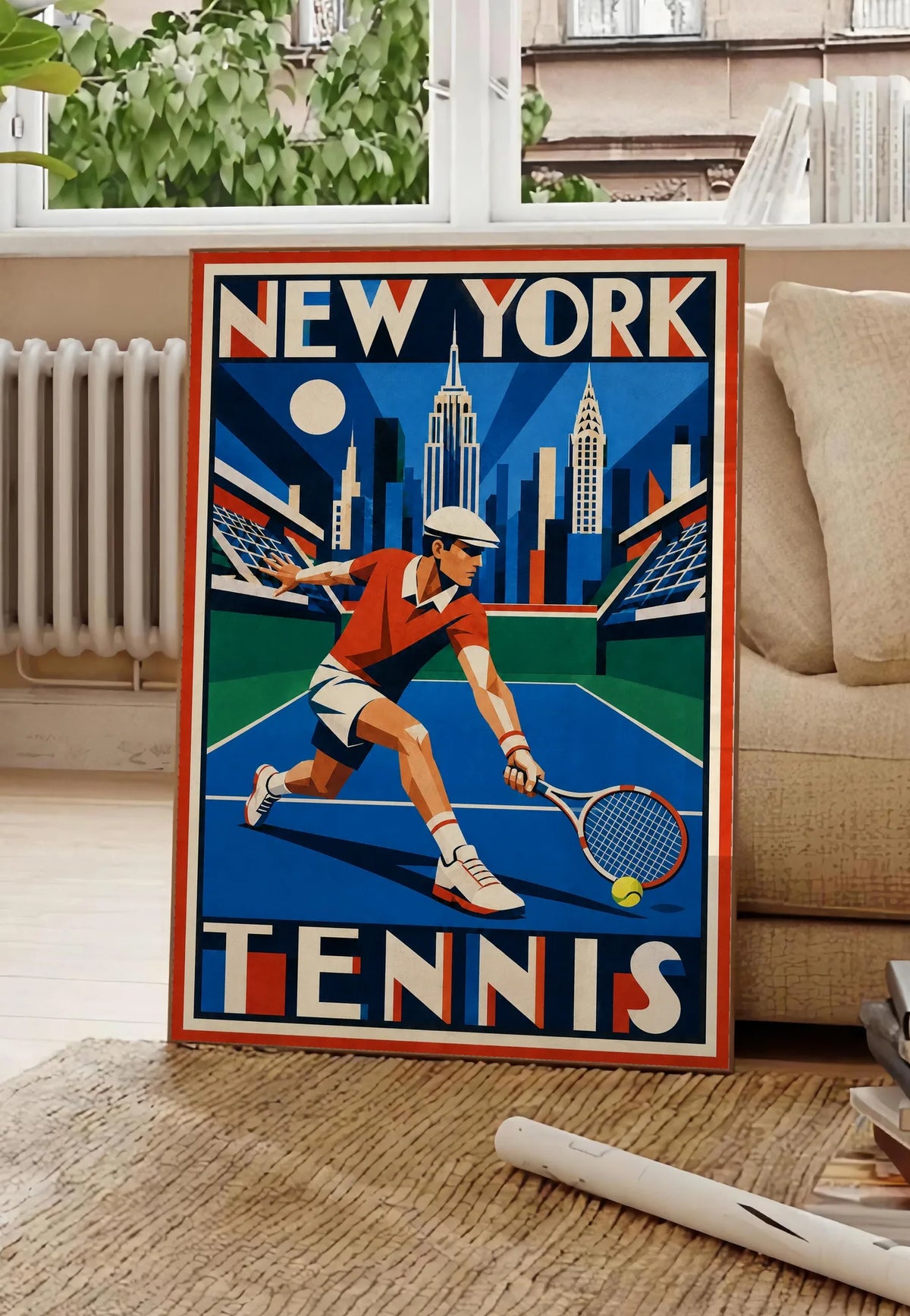 Affiche New York Tennis New York Tennis Homme slice bas, affiche Art déco de tennis new-yorkaise