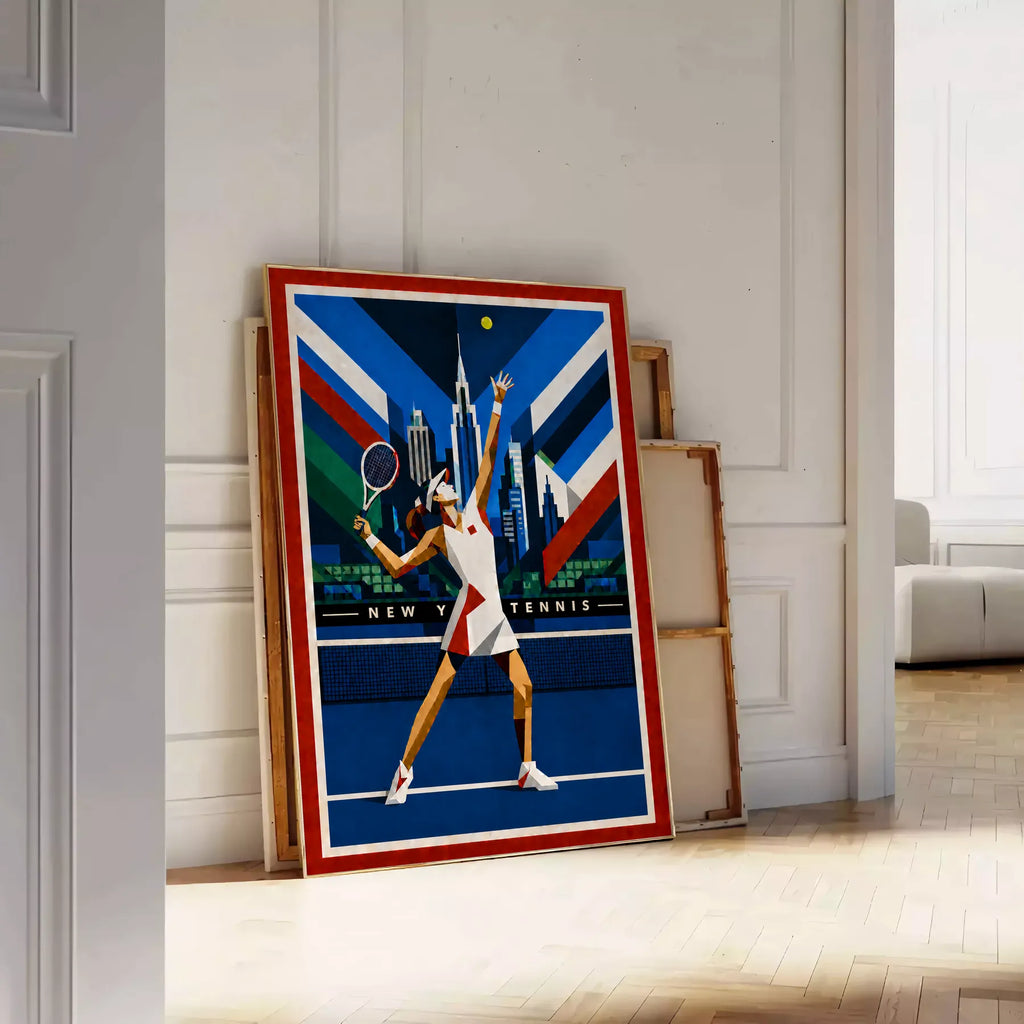 Affiche New York Tennis Geometric Femme service vers le trophée, affiche Art déco de tennis new-yorkaise