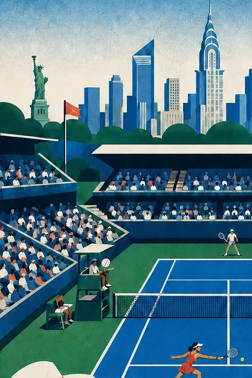 Affiche New York Tennis Stadium Femme Sprint volée, affiche Art déco de tennis new-yorkaise