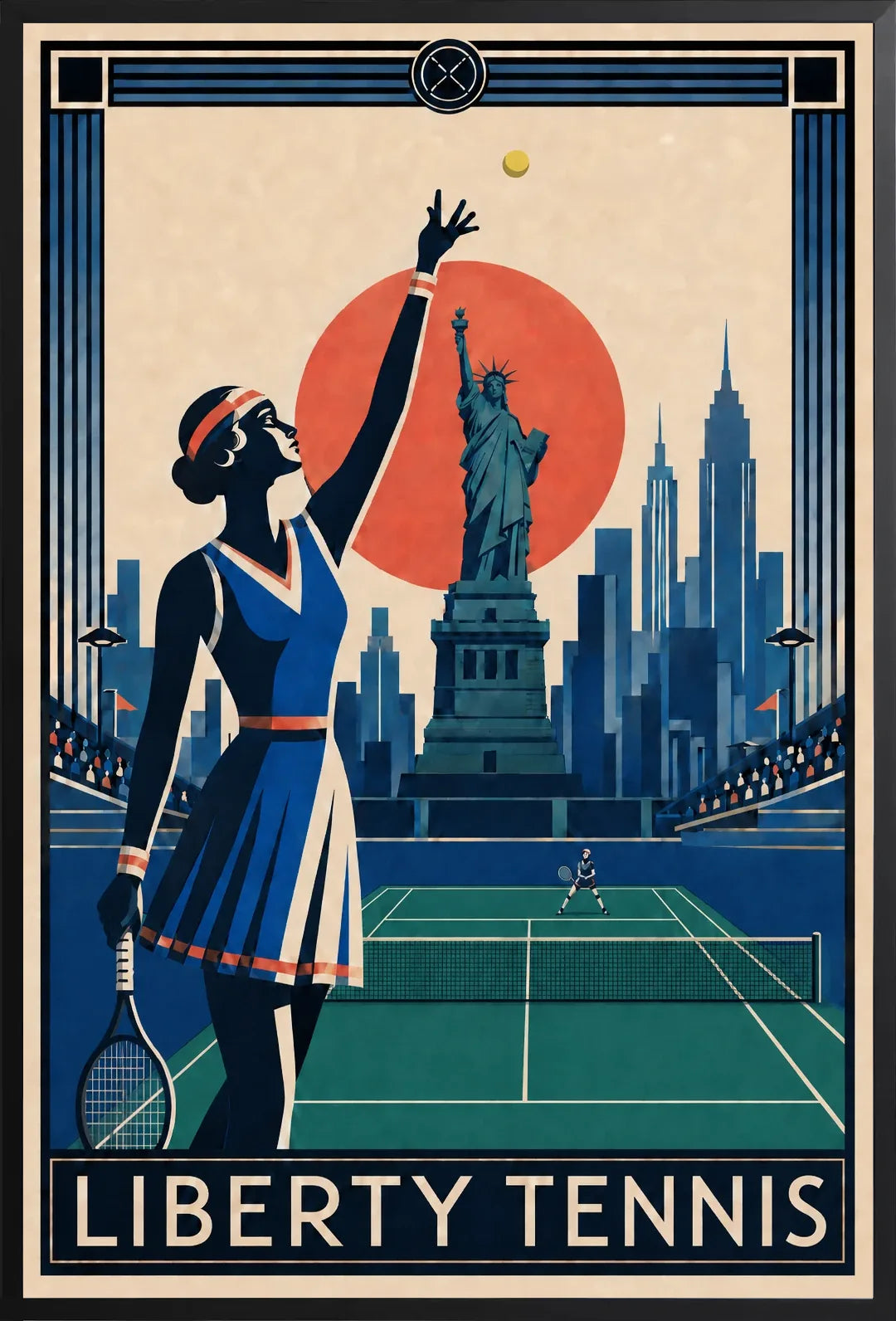Affiche New York Tennis Liberty Tennis Femme service, affiche Art déco de tennis new-yorkaise