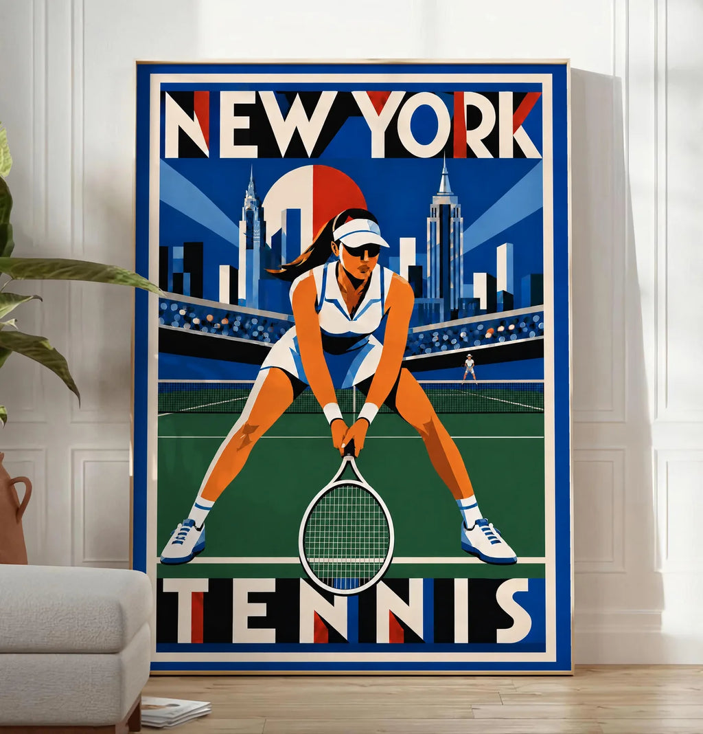 Affiche New York Tennis New York Tennis Femme Crouched revers, affiche Art déco de tennis new-yorkaise